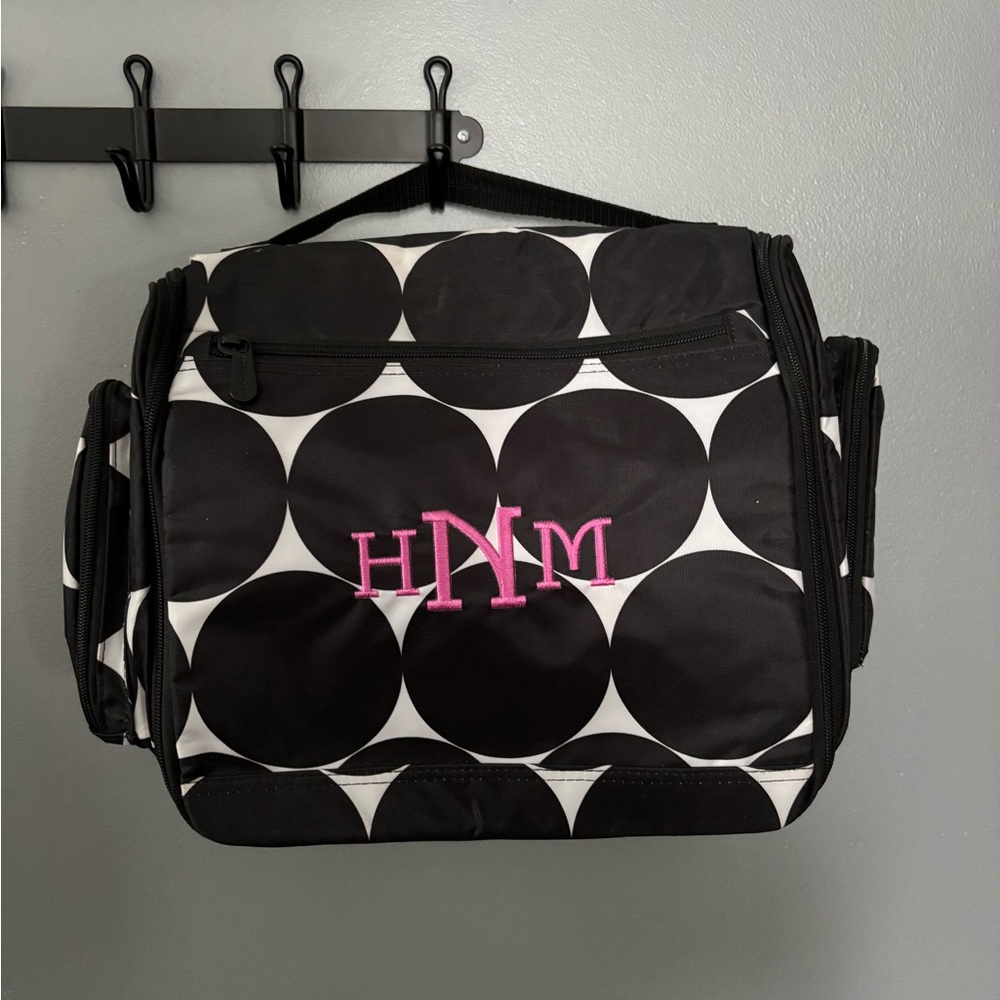 Thirty One Gifts B&W Big Dot Hanging Travel Organizer with Pink Monogram